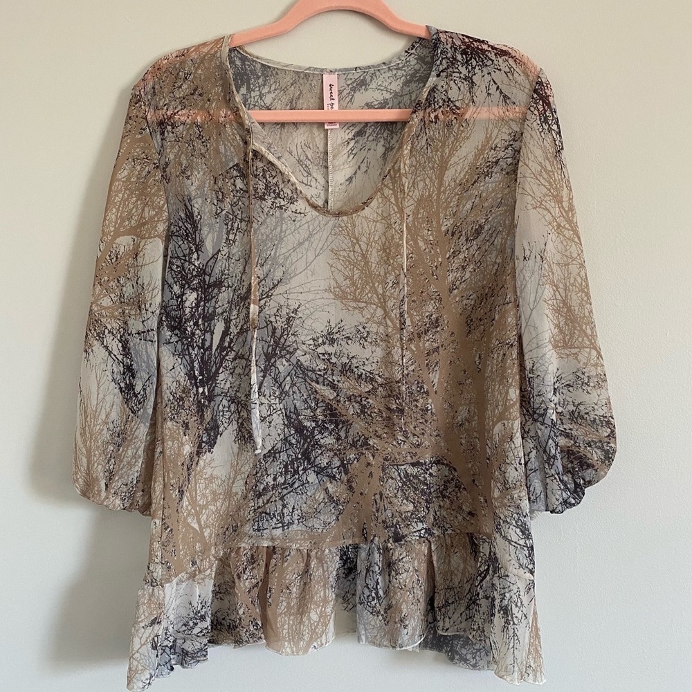 Sweet Pea Sheer Ruffle Balloon Sleeve Blouse